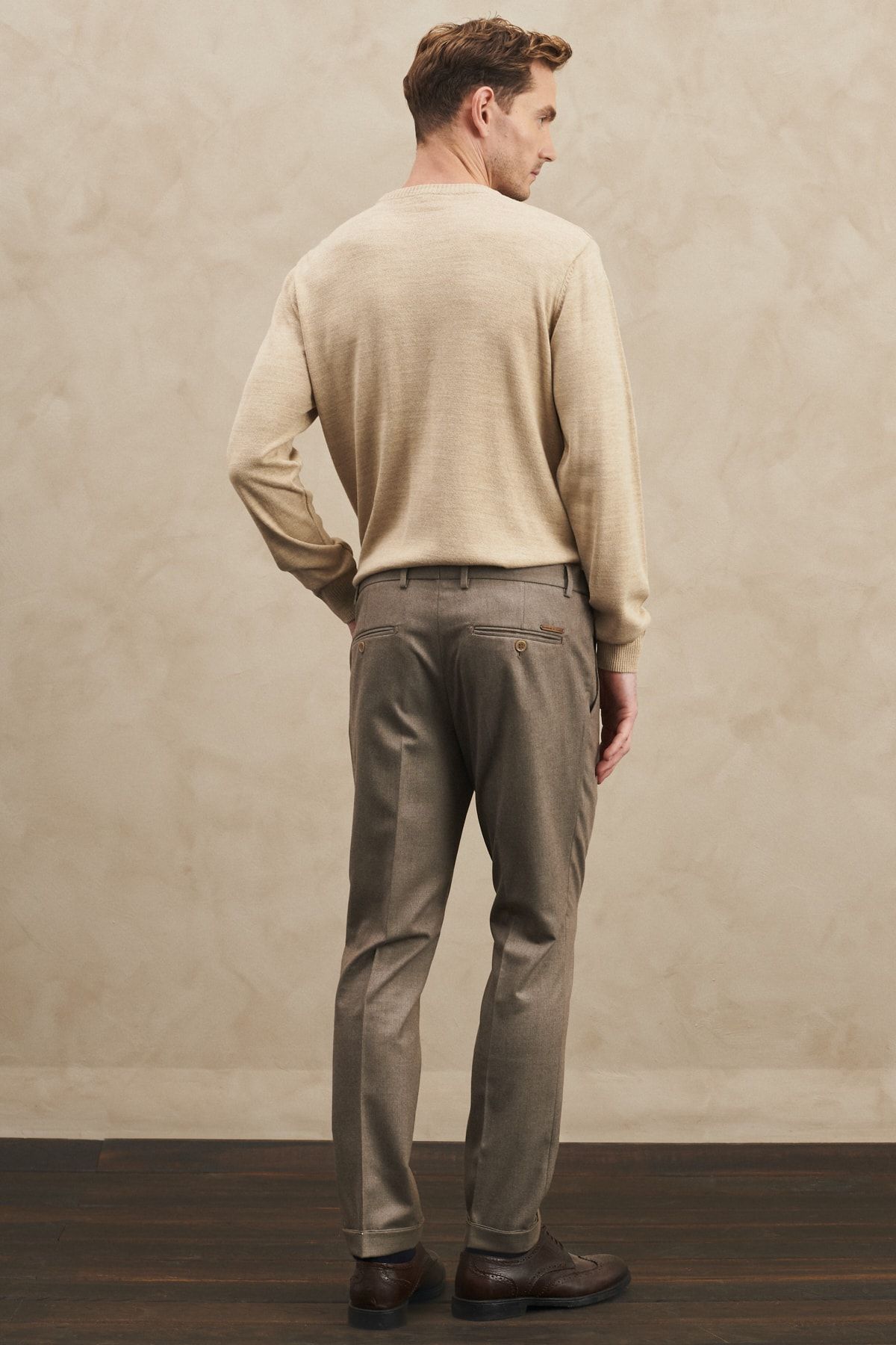 ALTINYILDIZ CLASSICS Erkek Vizon Slim Fit Dar Kesim Flanel Desenli Beli Lastikli Pantolon AN10798