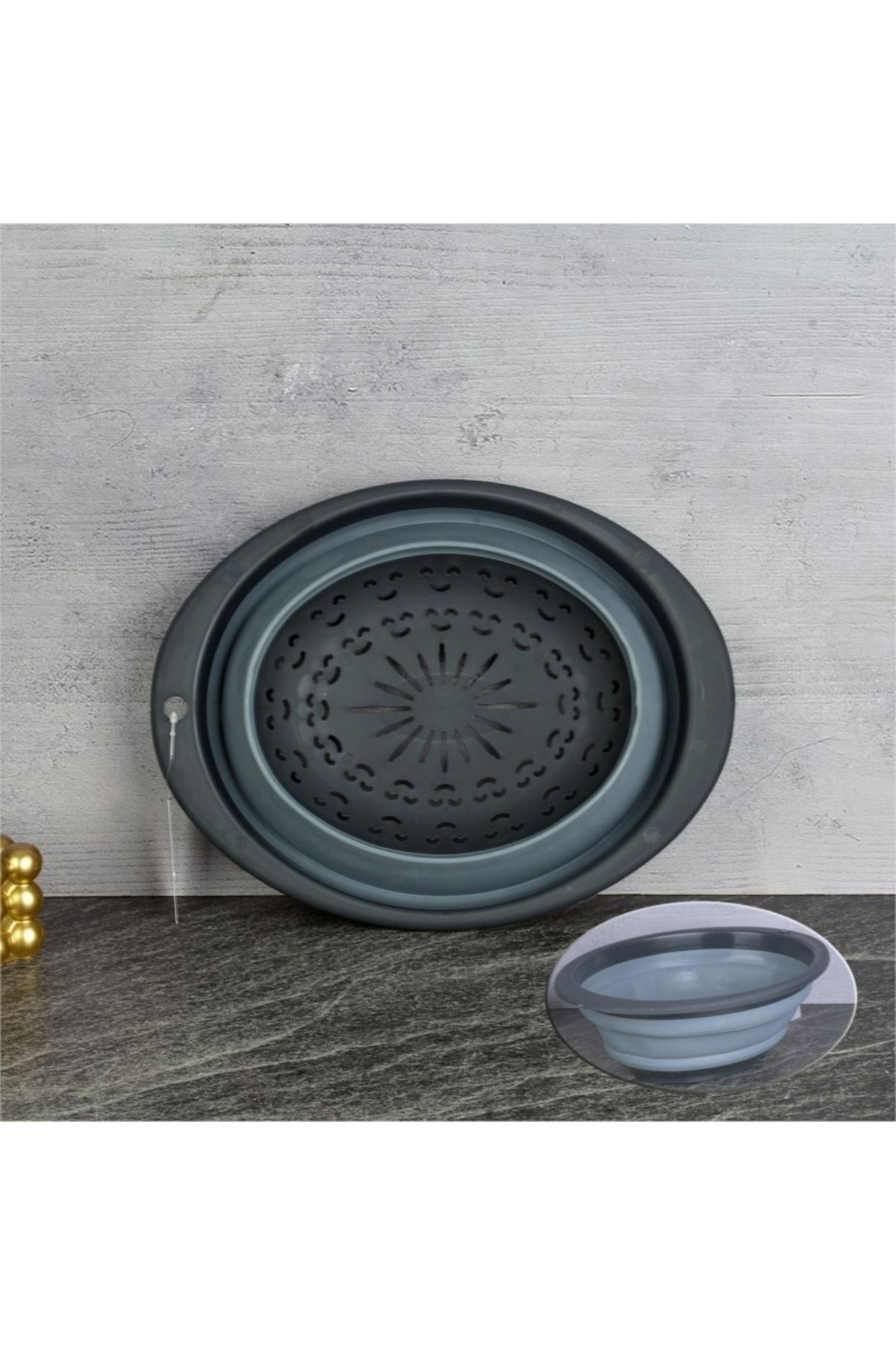Katlanabilir Süzgeç Akordiyon Oval Süzgeç Bpa Içermez Siyah Gri