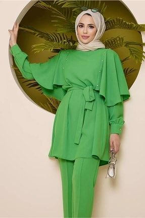 Kadın Yeşil Taş Detaylı Beli Kuşaklı Pant. Takım 10002 22YTKPTR10002