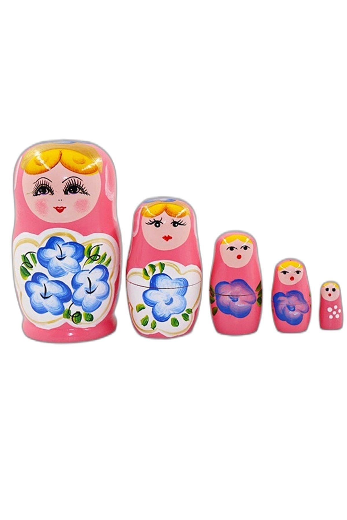 مجموعه پنج‌تایی عروسکی ماتریوشکا چوبی صورتی برای نوزاد