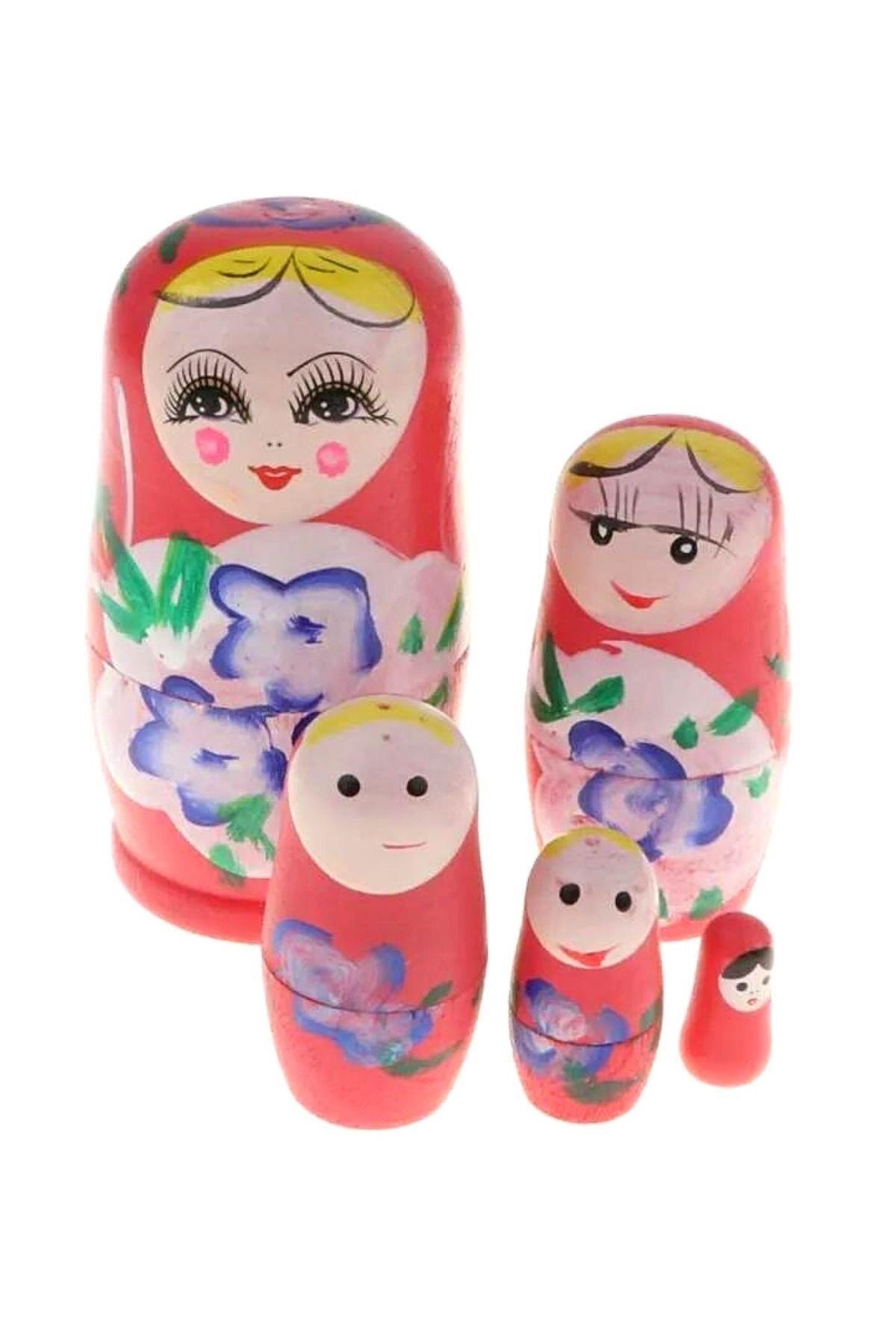 مجموعه پنجتایی عروسکی ماتریوشکا چوبی صورتی برای نوزاد