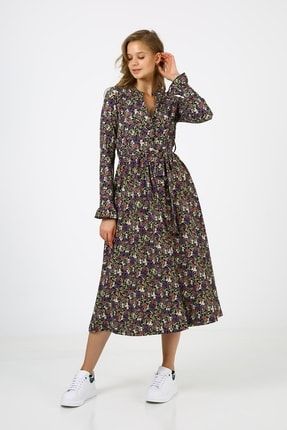 Kadın Mor Kolu Fırfırlı Desenli Elbise b21-4160 B21-4160