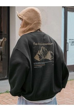 Kadın Siyah Arid Mountain Baskılı Oversize Sweatshirt TW-ARİDMNTAİNNSWT