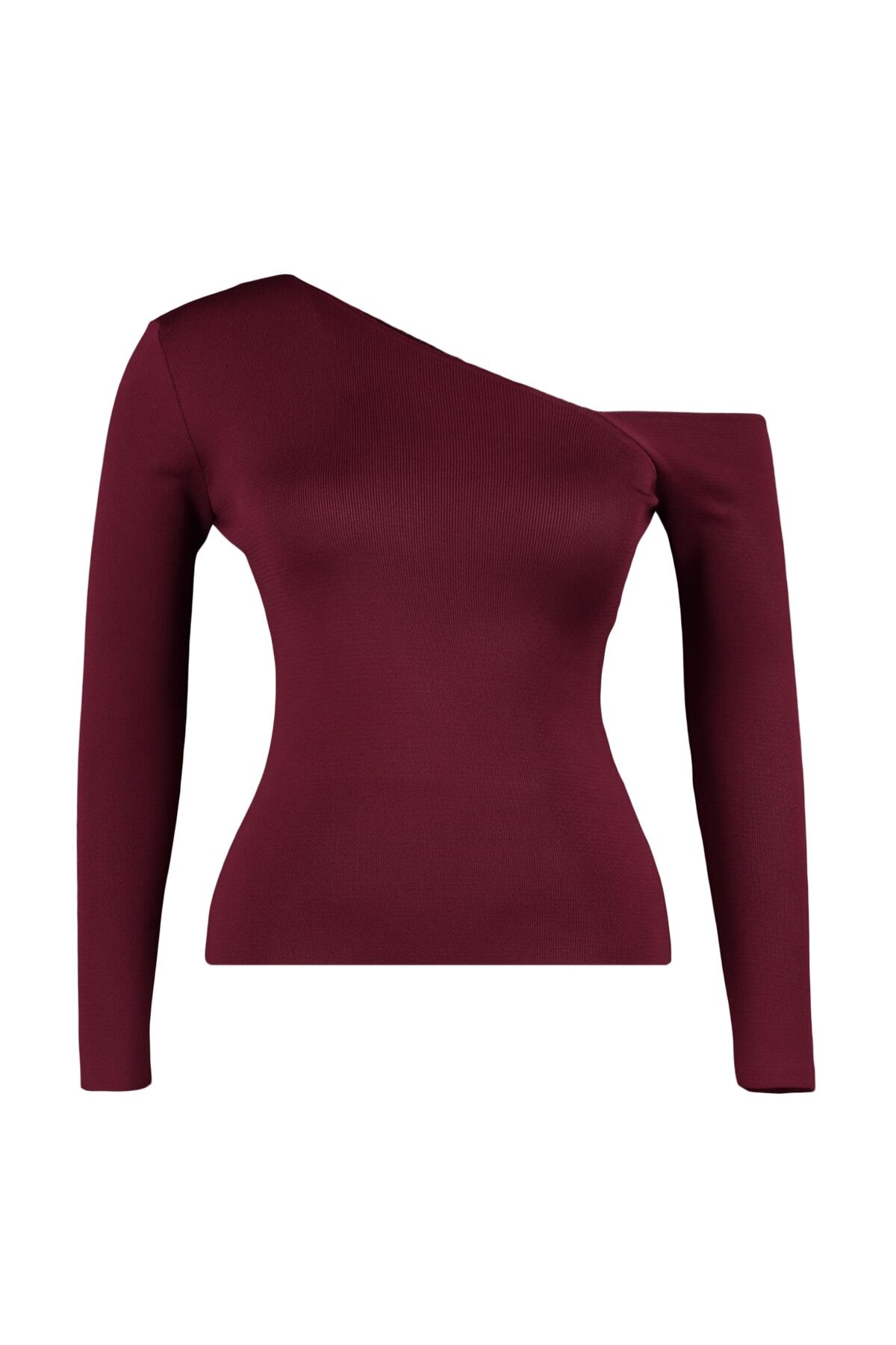 Trendyol Curve-Weinrote Feinstrickbluse mit asymmetrischem Kragen TBBAW23AF00117 6