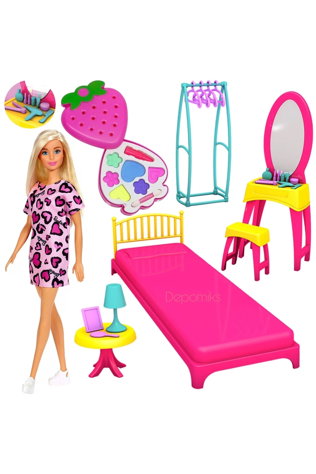 OyuncakZade Barbie Şık Elbiseli Bebek + Oyuncak Aksesuarlı Yatak Odası + Çilek Makyaj Seti Kız Çocuk Oyuncak