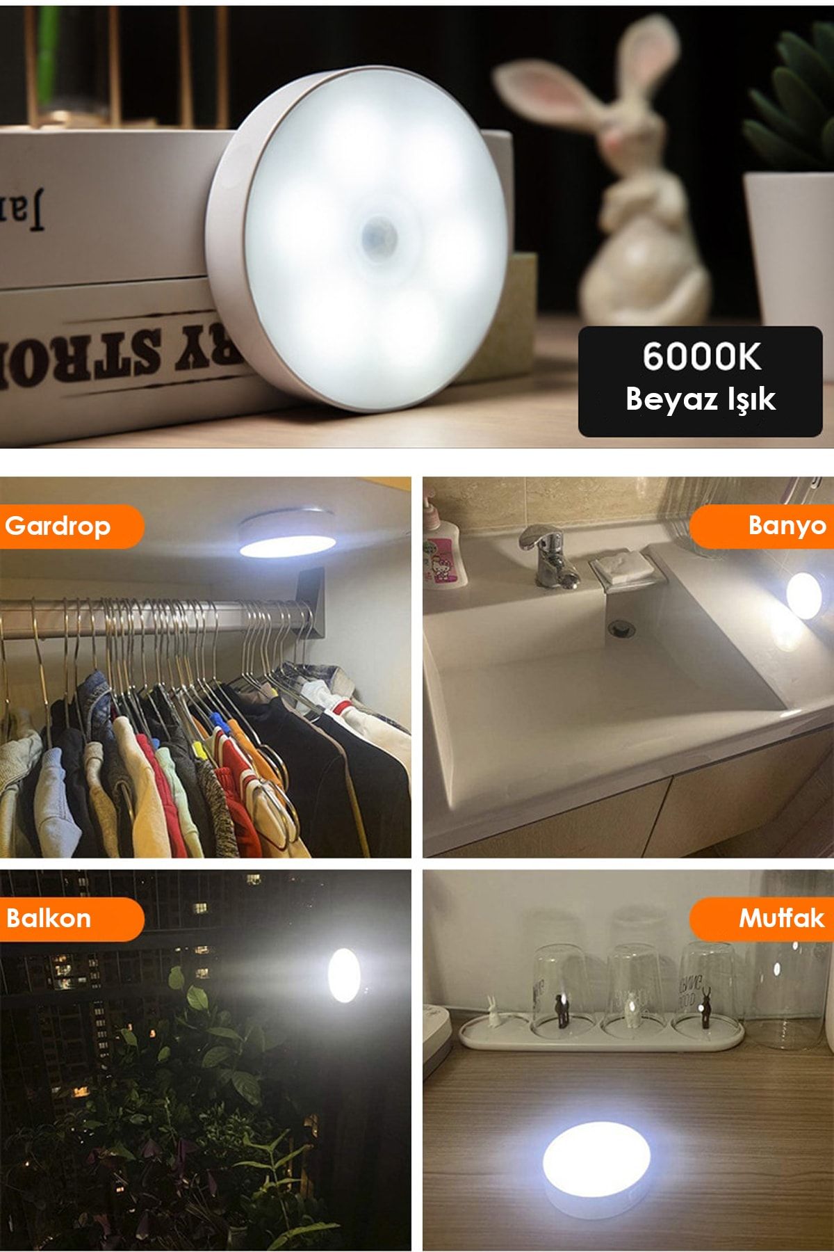 3 Adet Akıllı Hareket Sensörlü Usb Şarjlı Kablosuz Spot Led, Gece Lambası - 3