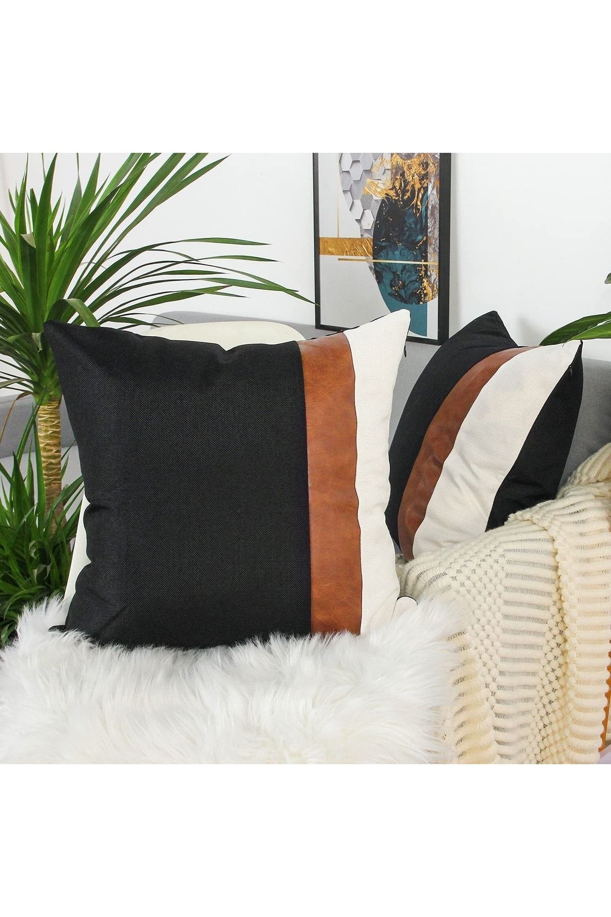 EVYA Leather Look Black and White Modern Patterned Decorative Throw Pillow Cover Set of 2 43x43 Cm