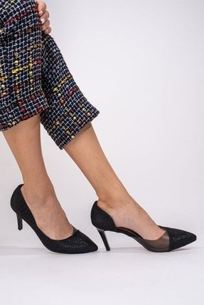 Kadın Siyah Simli Şeffaf Stiletto Topuklu Ayakkabı 1797