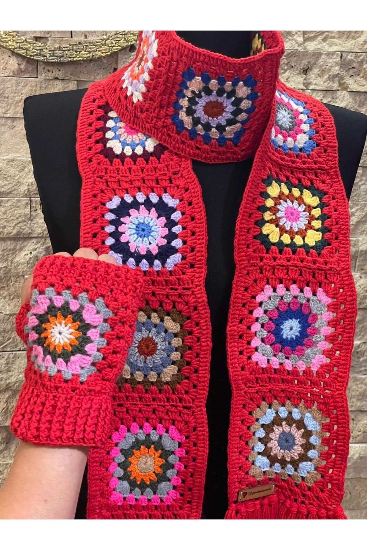 Gönülden Tasarım-Design Motif Ethnic Bohemian Scarf And Fingerless Glove Set Set 2