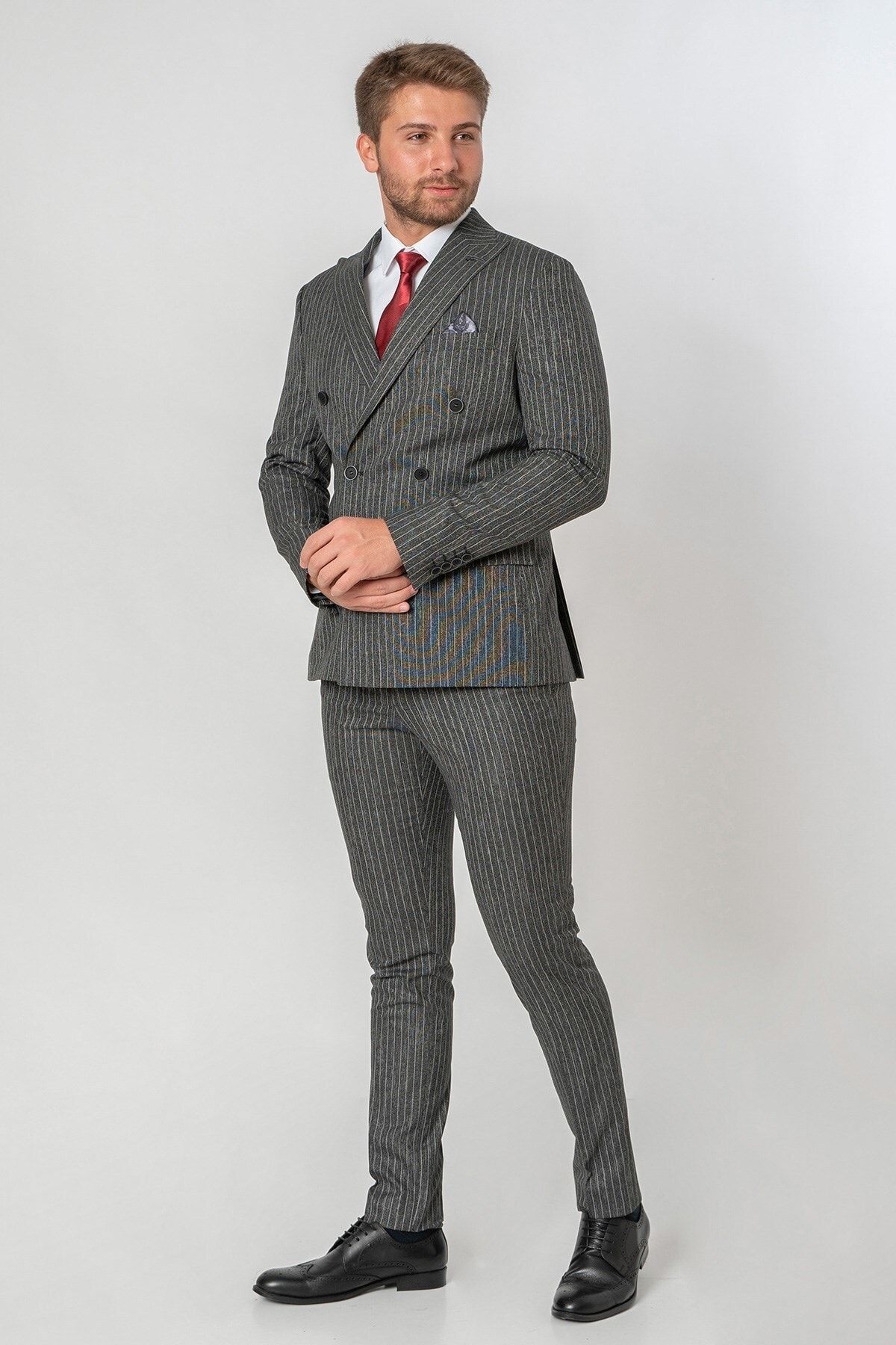 White Stone Bodø Slim Fit T102 Likralı Kruvaze Takım Elbise Desenli OH9269