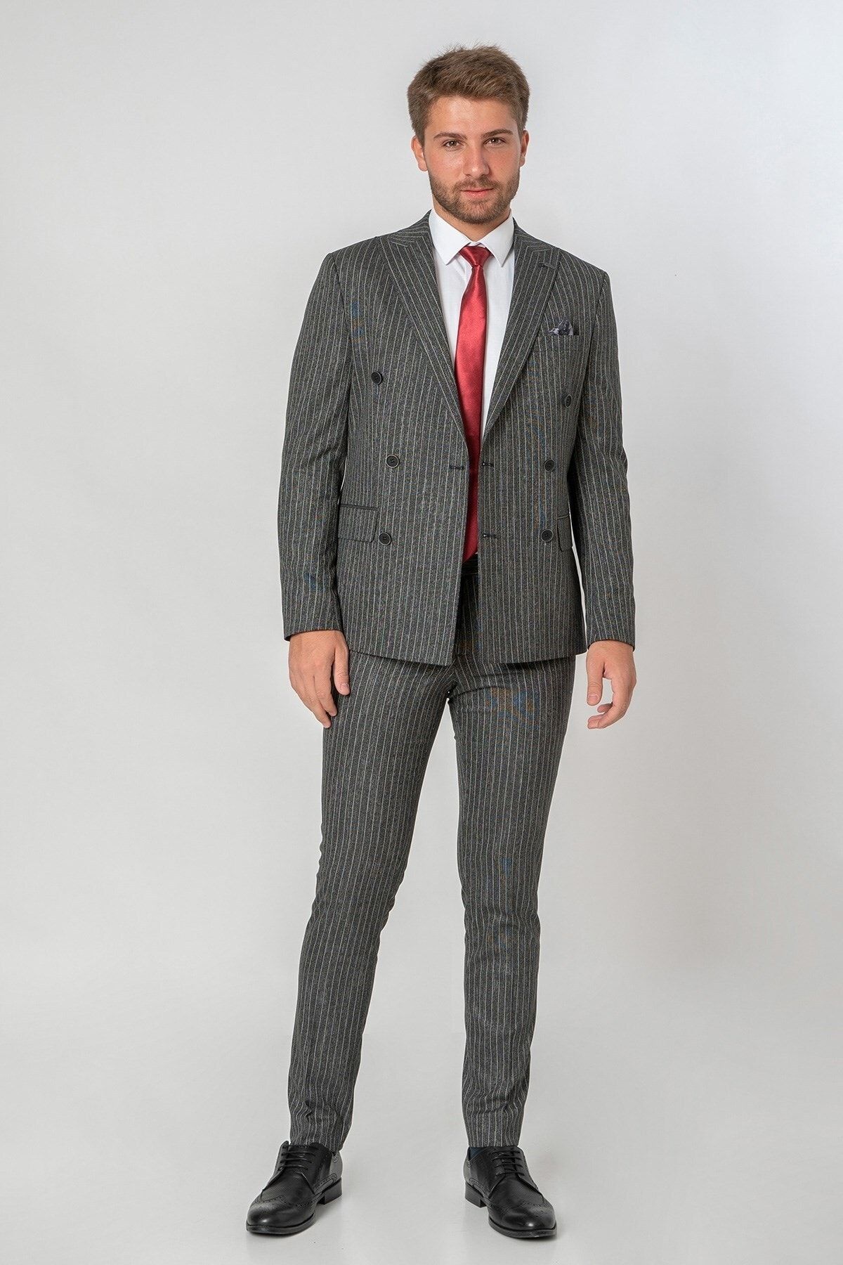 White Stone Bodø Slim Fit T102 Likralı Kruvaze Takım Elbise Desenli OH9269