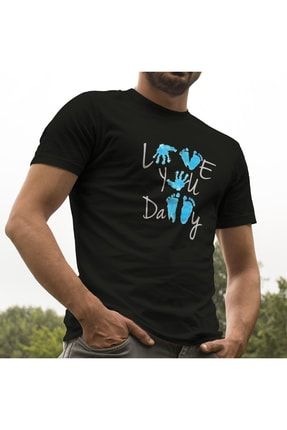 Love You Dad Babaya Hediye Bebek El Ayak Izli Tişört - Baba Oğul Tişört - Baba Yazılı T-shirt E106279