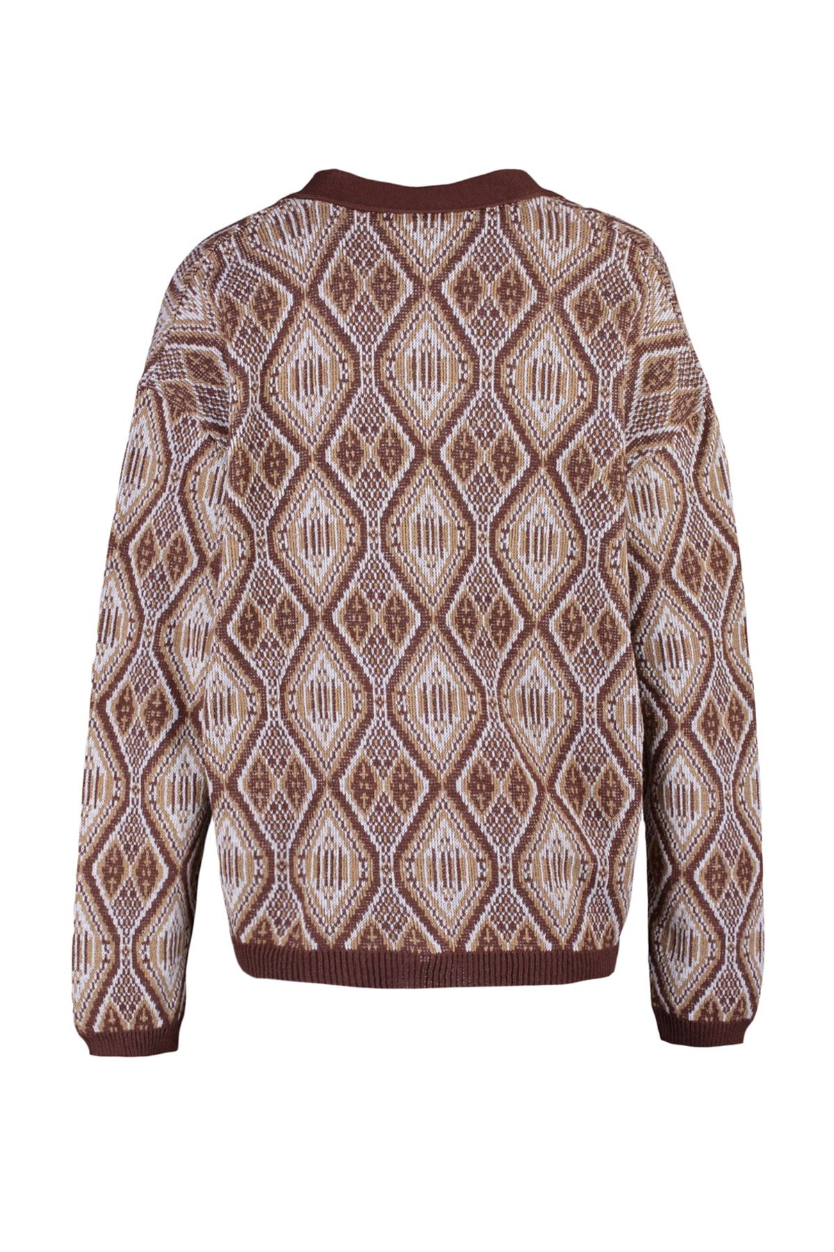Trendyol Collection-Żółty kardigan z dekoltem w serek i wzorem w romby, oversize, dzianinowy - Tmnaw23Hi00012 8