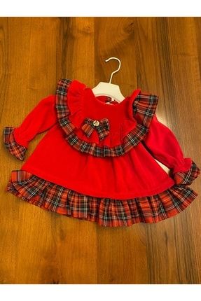 Kız Bebek Kadife Elbise Ekose Desenli 3-24 Ay Arası pb13422