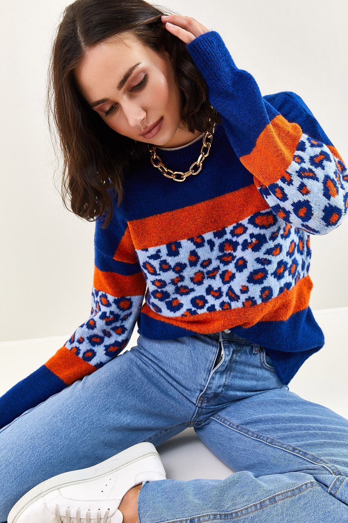 Bianco Lucci  Kadın Parça Desenli Triko Kazak 20223215 - Görsel 2