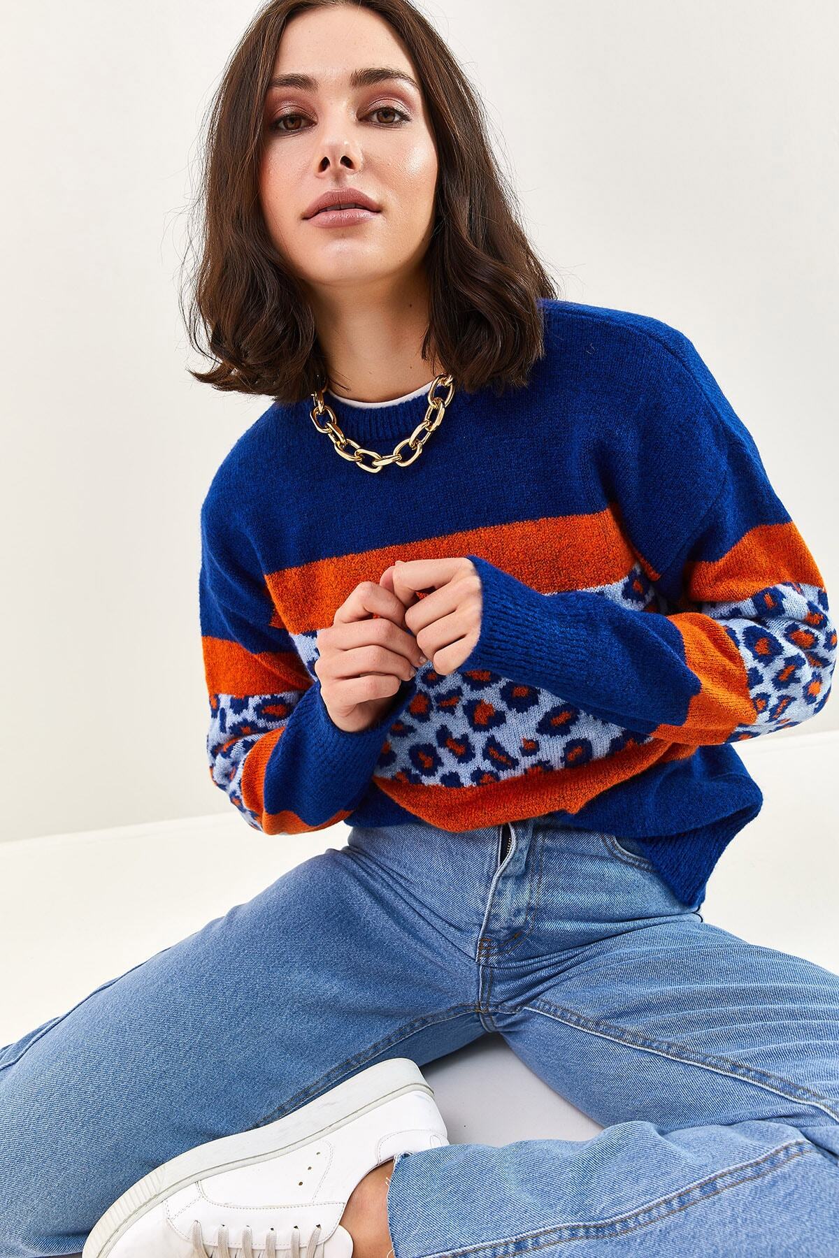 Bianco Lucci  Kadın Parça Desenli Triko Kazak 20223215 - Görsel 4