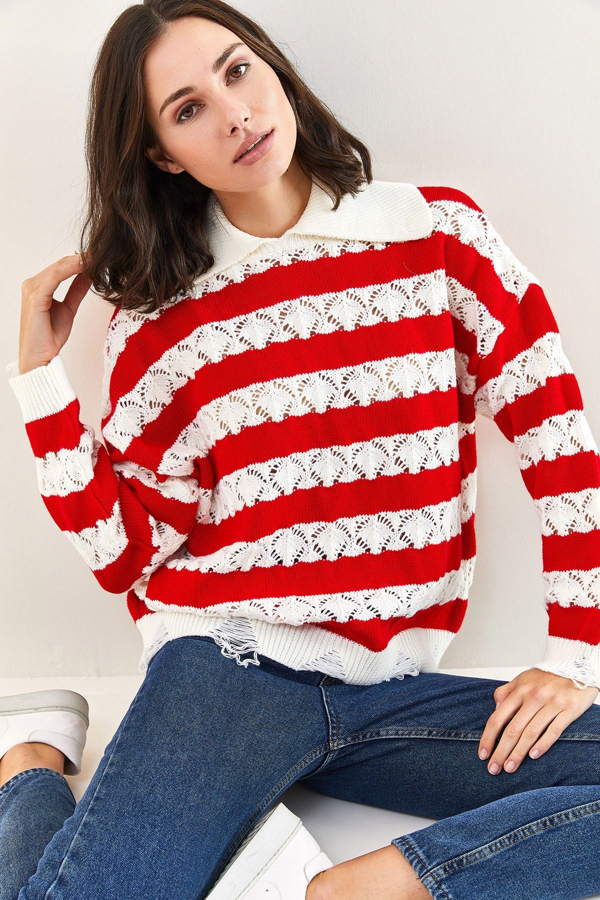 Red and white sale striped sweater womens