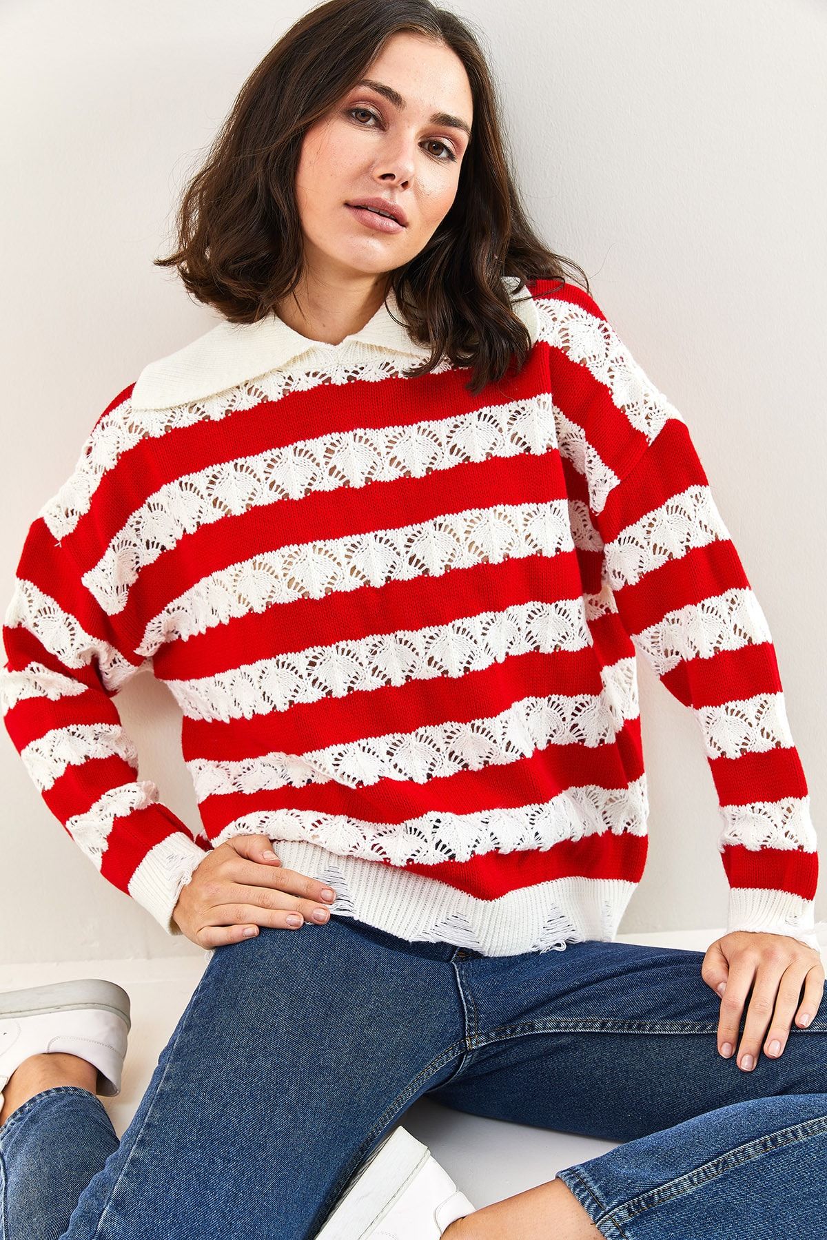 Womens red and white striped sweater store