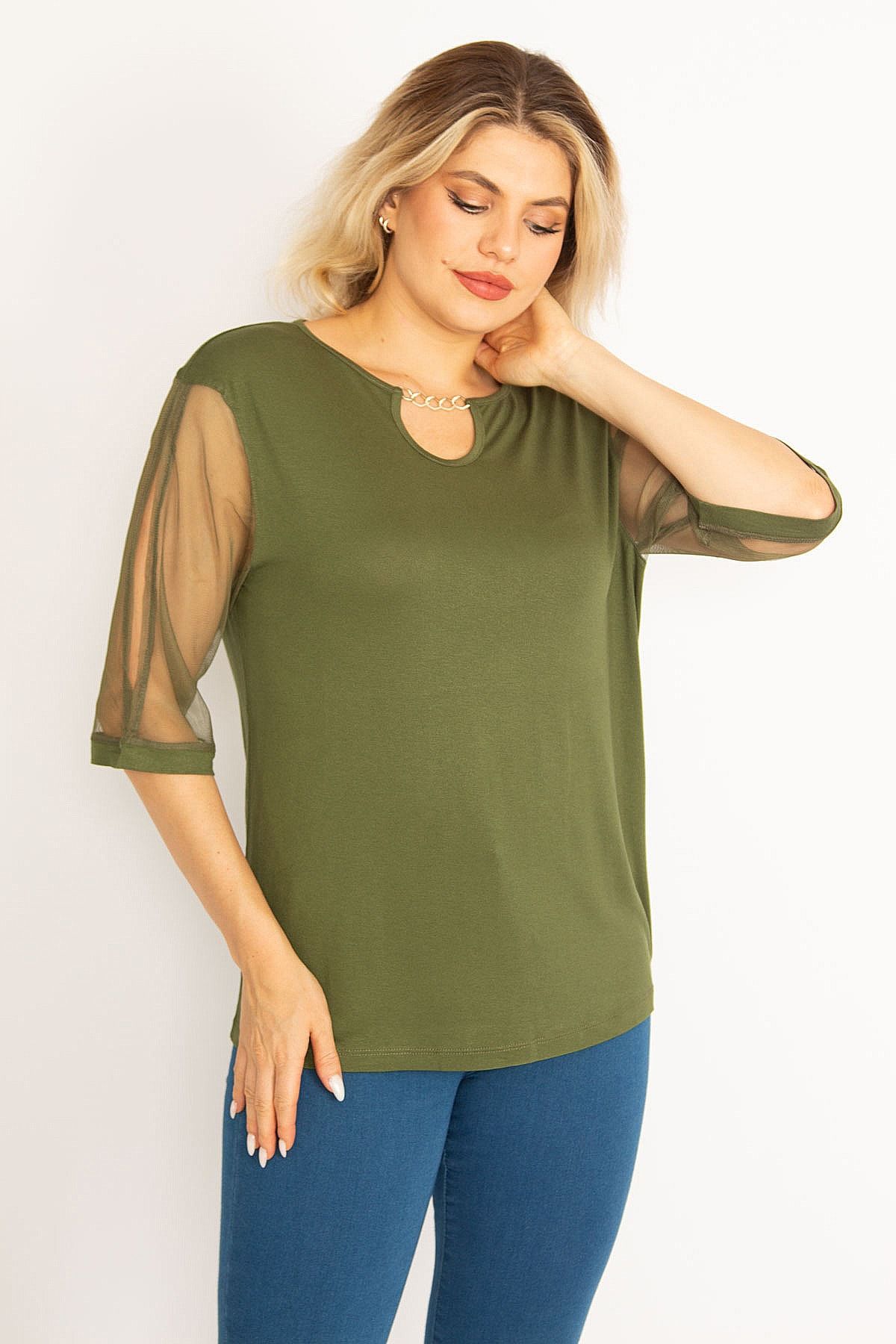 Şans Große Größen in Bluse Khaki Relaxed Fit