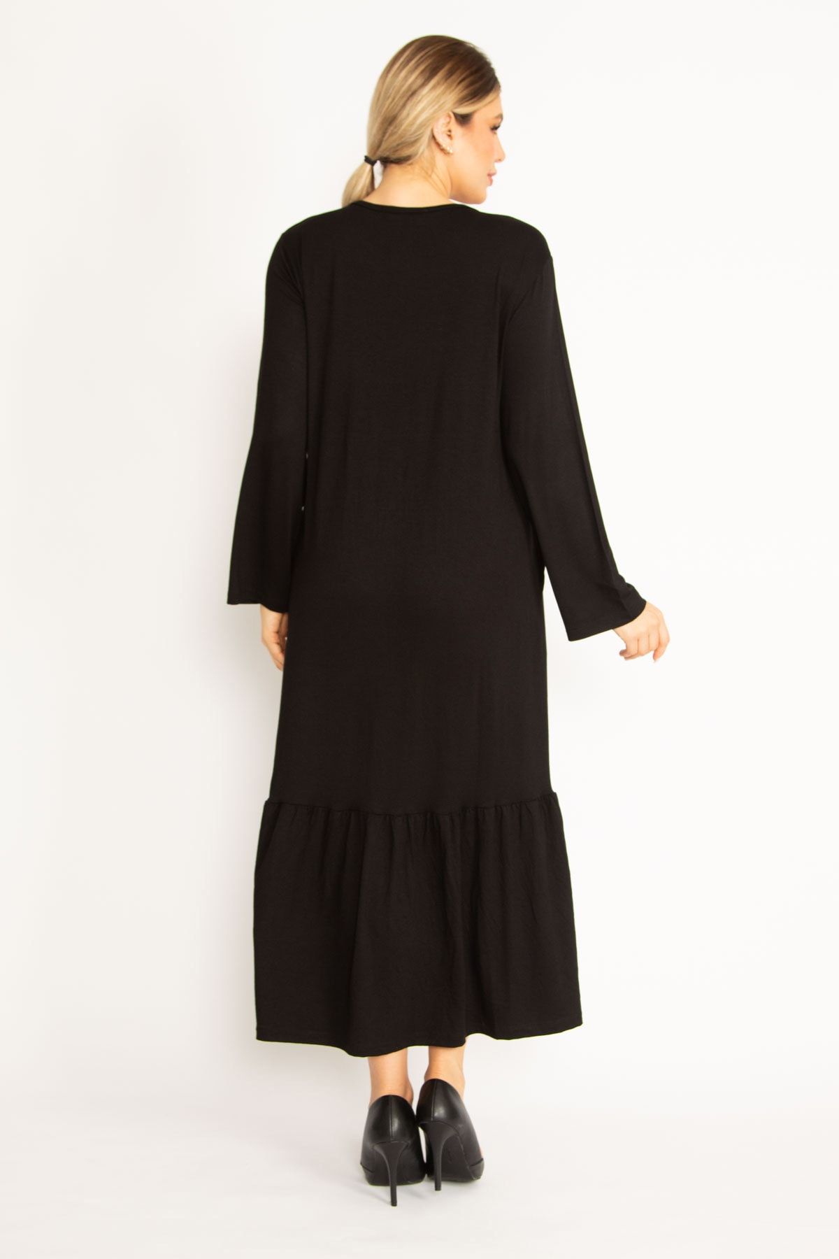 Şans-Großes schwarzes Damenkleid mit Stickerei und Taschendetail und langen Ärmeln 65n34741 3