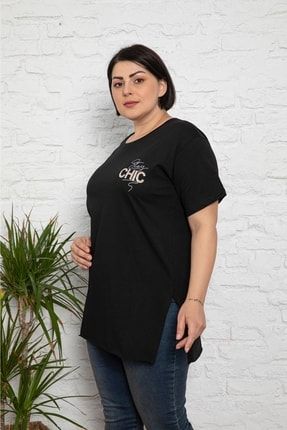 Kadın Büyük Beden Yırtmaçlıt-shirt Siyah 2828
