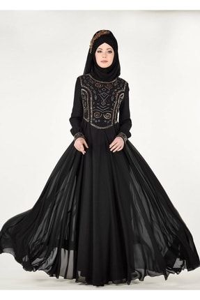 Kadın Siyah Işleme Detaylı Abiye Elbise 7797 18YABLTR7797