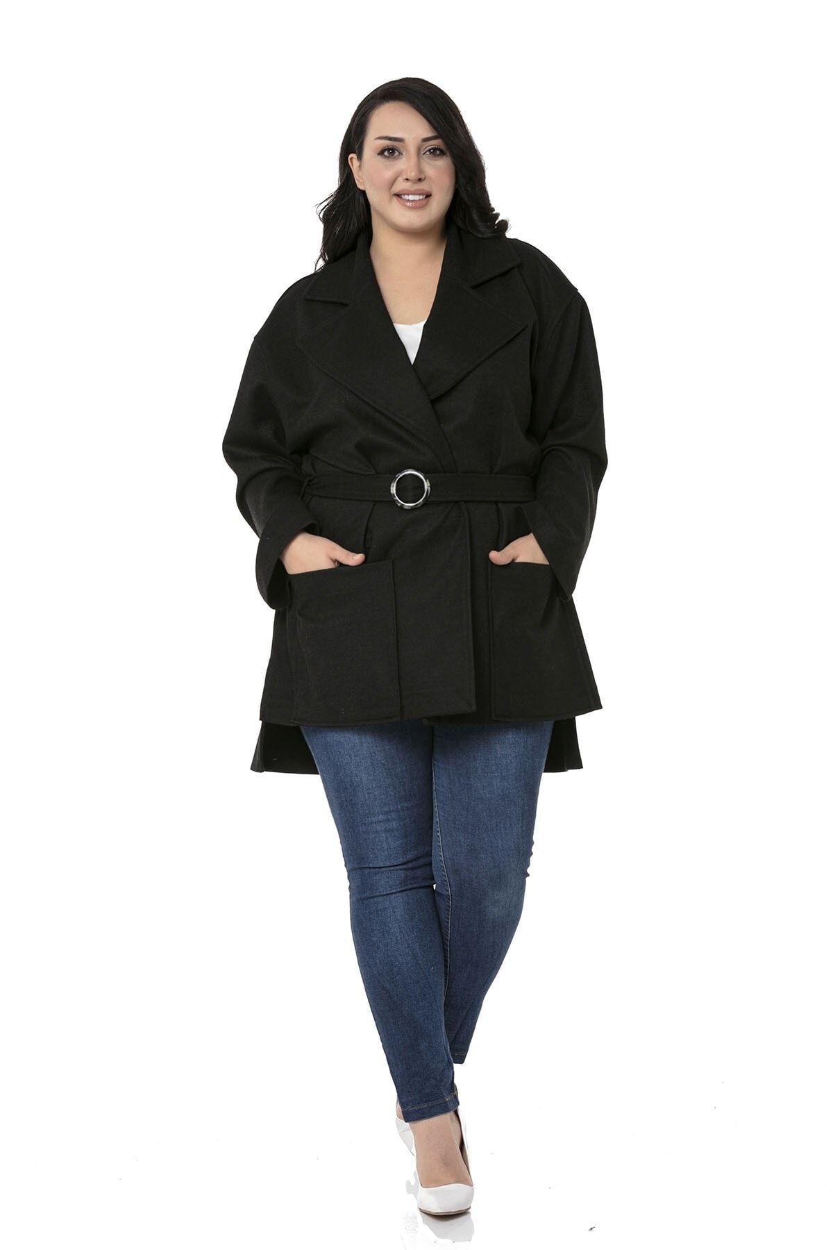 DISENTIS MODEST Büyük Beden Mono Yaka Arkası Uzun Torba Cepli Kemerli Astarsız Siyah Kaban