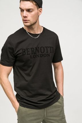 Sıfır Yaka T-shirt Siyah London Baskılı Erkek BRNTY-1013