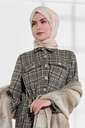 Kadın Bej Beli Büzgülü Ekose Desenli Elbise 5355 20KELBTR5355