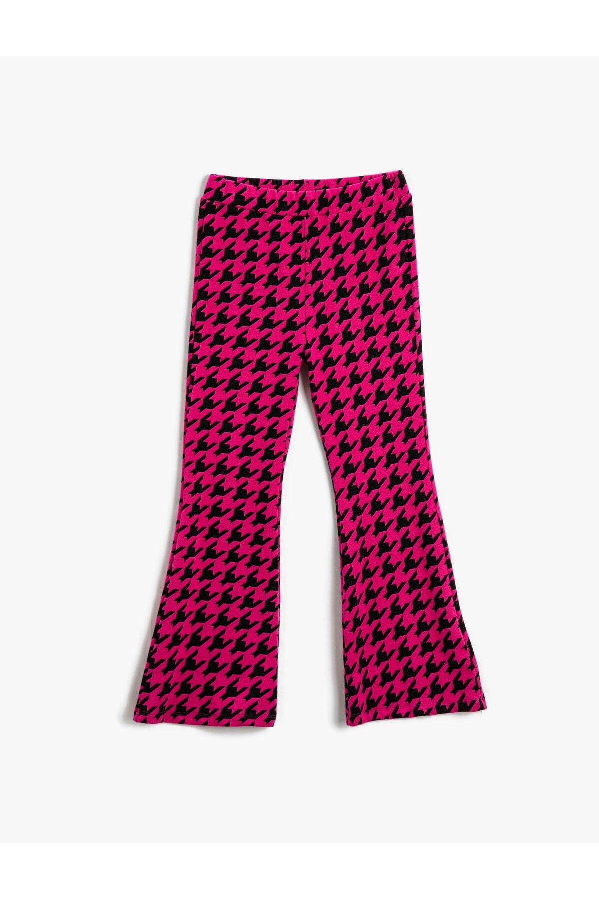 Koton-Flared Leg Trousers Houndstooth Patterned 3