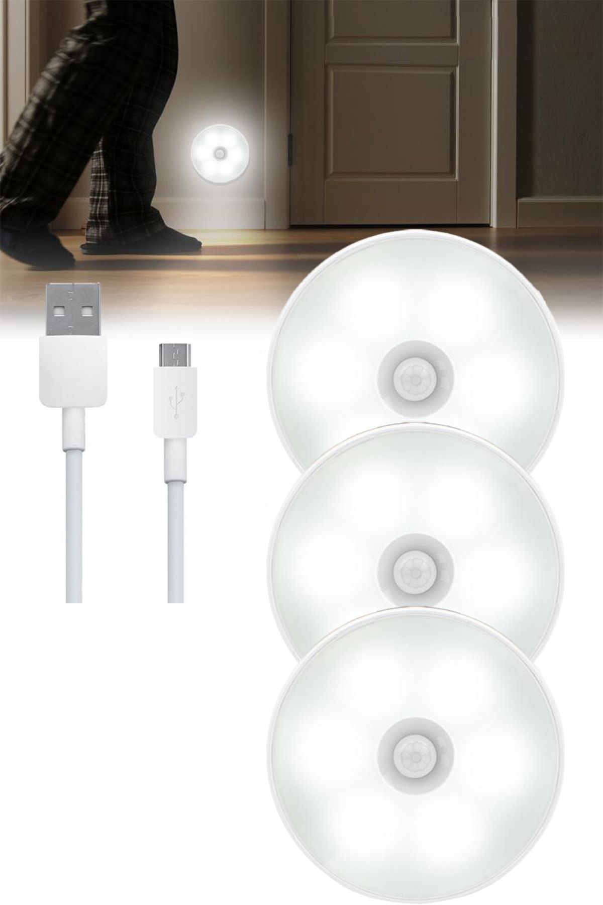 3 Adet Akıllı Hareket Sensörlü Usb Şarjlı Kablosuz Spot Led, Gece Lambası - 1