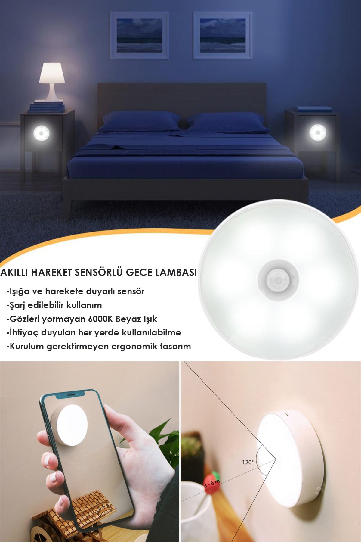 3 Adet Akıllı Hareket Sensörlü Usb Şarjlı Kablosuz Spot Led, Gece Lambası - 2