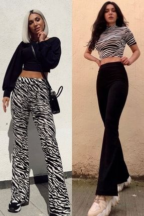 Kadın Siyah Beyaz Zebra Ve Siyah 2'li Paket Ispanyol Paça Pantolon 2 Adet 21IKSR99