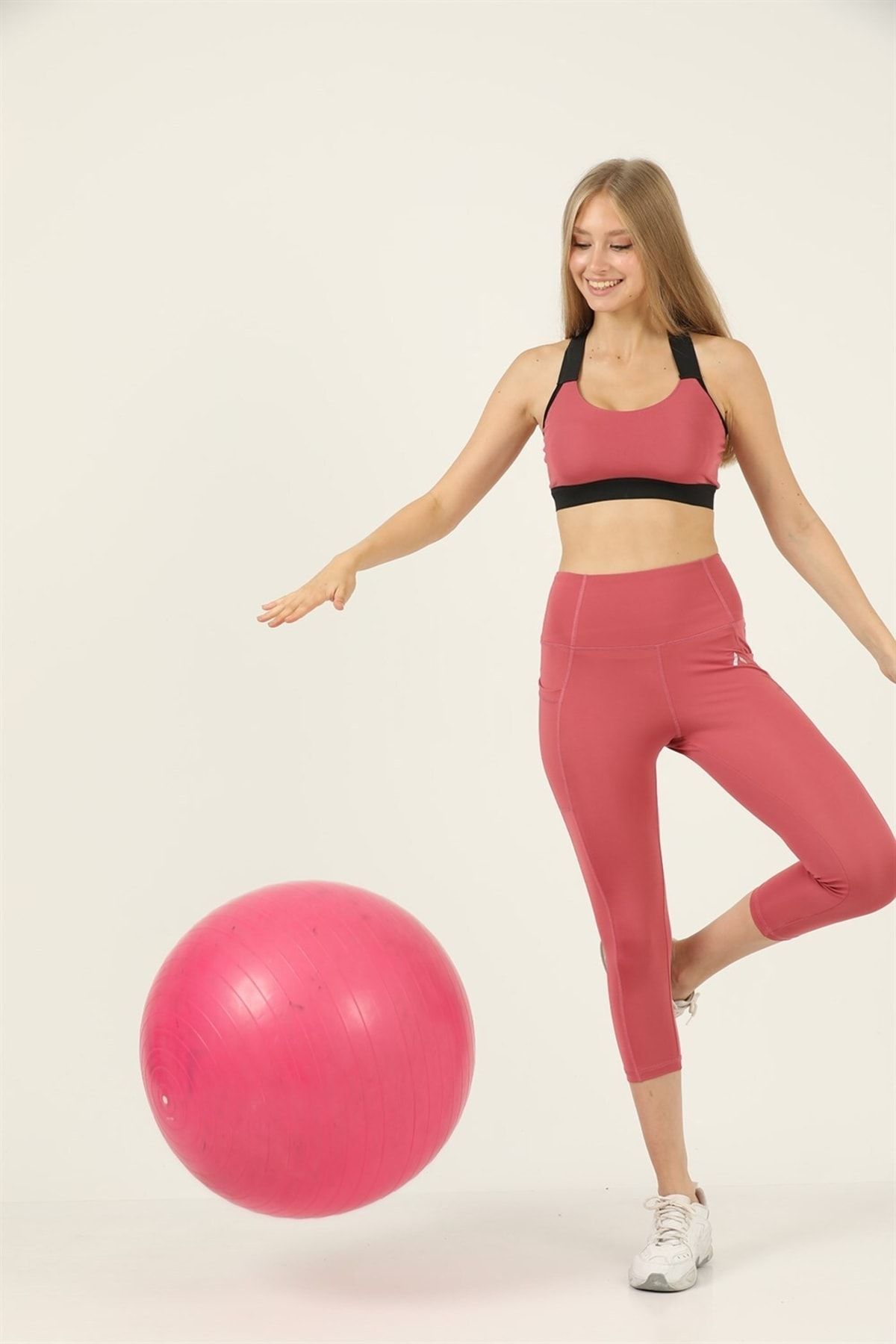 missmaral-Women's Dried Rose High Waist Double Pocket Below the Knee Capri Leggings Capri 1054 3