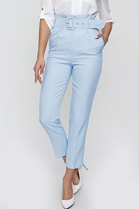 Kadın Açık Mavi Kemerli Yüksek Bel Kumaş Pantolon Z-000003022