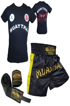 Classic Muay Thai Şortu, Tişört Ve Boks Bandajı Seti Siyah Begomay-AKSA-3parça-Set-S-S