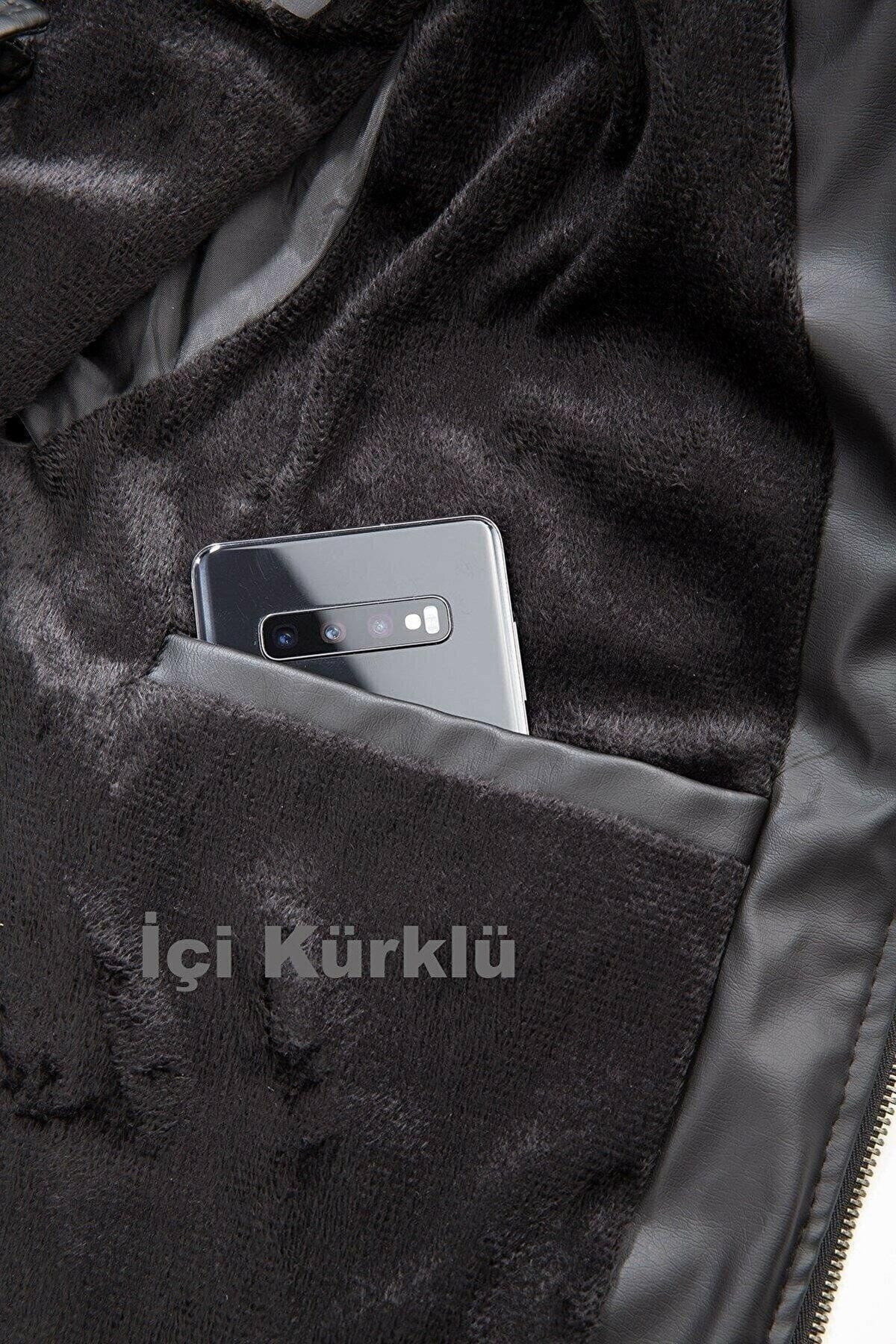 Oliggopol Erkek Siyah Slim Fit Içi Kürklü Iç Cepli Şişme Deri Mont IB10087