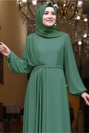 Kadın Yeşil (ÇAĞLA) Drape Detaylı Taş Boncuklu Abiye Elbise 0053 22YABLTR0053