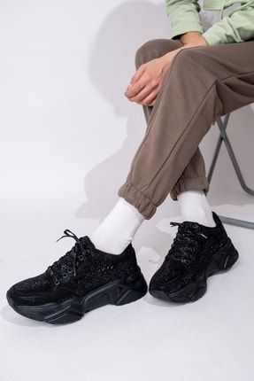 Siyah Taşlı Sneaker Kadın Spor Ayakkabı - Dofi 1872