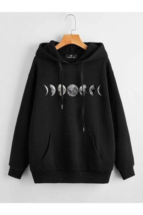 Kadın Siyah Kapüşonlu Oversize Moon Baskılı Hoodie Sweatshirt TS-AYBASKI
