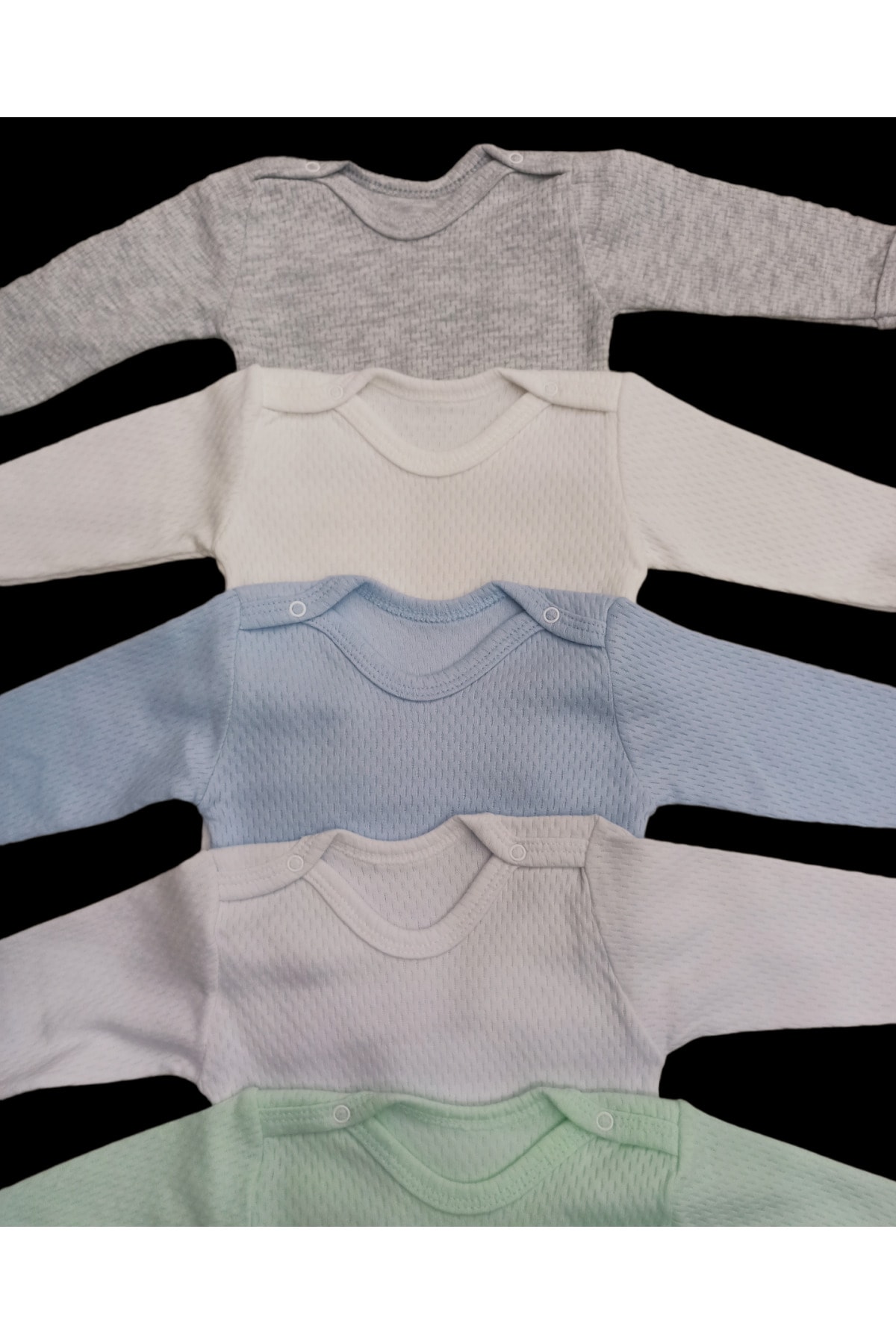 بادی آستین بلند یقه گرد جلو چسبان، پارچه تنفس پذیر، رنگ ثابت (بسته ۵ عددی) مناسب برای ۰-۴۸ ماه  بادی آستین بلند یقه گرد جلو چسبان، پارچه تنفس پذیر، رنگ ثابت (بسته ۵ عددی) مناسب برای ۰-۴۸ ماه