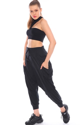 Kadın Cepleri Bağcıklı Siyah Şalvar Pantolon PS140012
