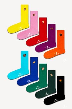 Unisex Renkli Yemekler Nakışlı Soket Çorap Seti 10'lu 7638