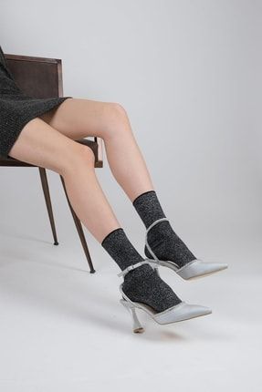 Gümüş Saten Taşlı Stiletto Bilekten Bantlı Gri Topuklu Ayakkabı - Honey 3307