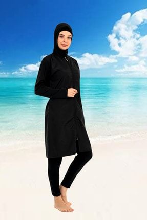 Tam Kapalı Mayo-hijab Swimsuit/1500-8-siyah hijab swimsuit-1500-8-Siyah