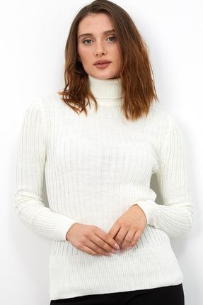 Kadın Boğazlı Triko Bluz Beyaz MANGA-584