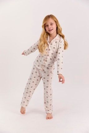 Saatli Kremmelanj Kız Çocuk Gömlek Pijama Takımı AR1434-C