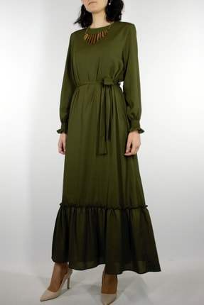 Kadın Haki Rengi Belden Bağlamalı Gipeli Elbise NCE1965001