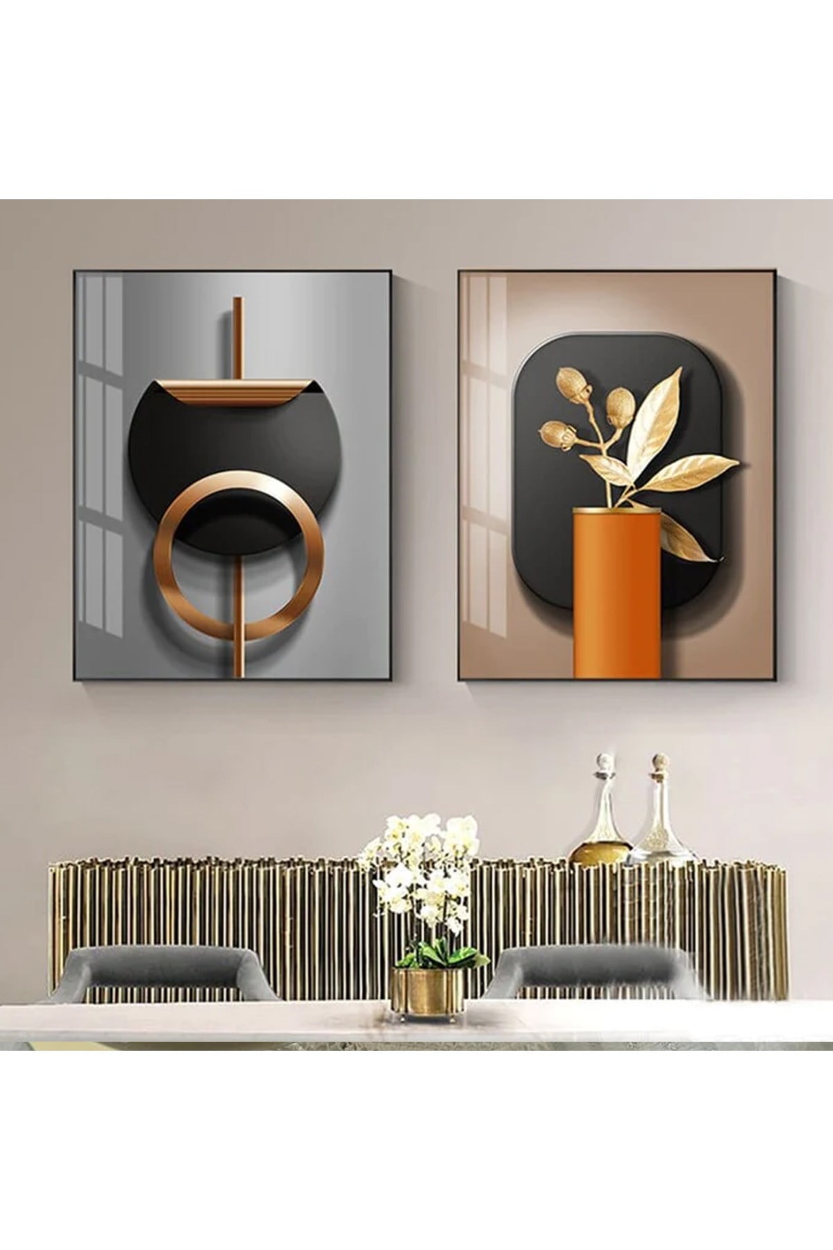 Linacci Ikili Siyah Alüminyum Metal Çerçeveli Geometrik Soyut Şık Gold Çiçek Camlı Poster Tablo Seti