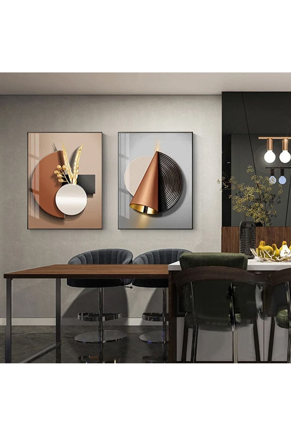 Linacci Ikili Siyah Alüminyum Metal Çerçeveli Dairesel Geometrik Camlı Poster Tablo Seti